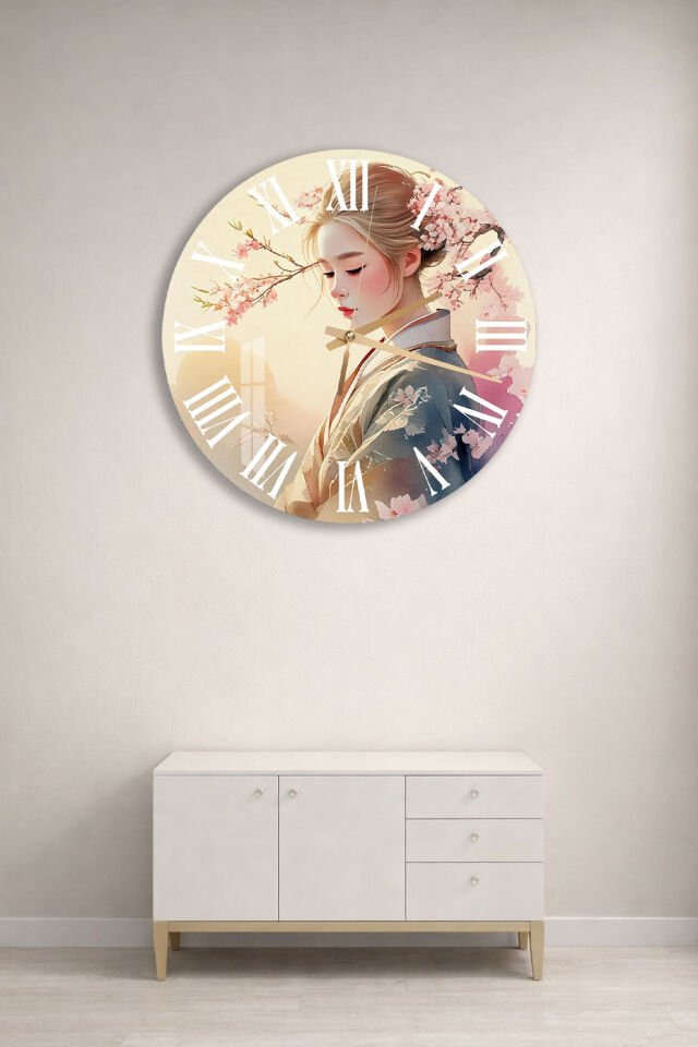 KIRILMAZ CAM DUVAR SAATİ, HEM TABLO HEM SAAT ASYA SANATI KADIN PORTRE TASARIM EV OFİS HEDİYESİ