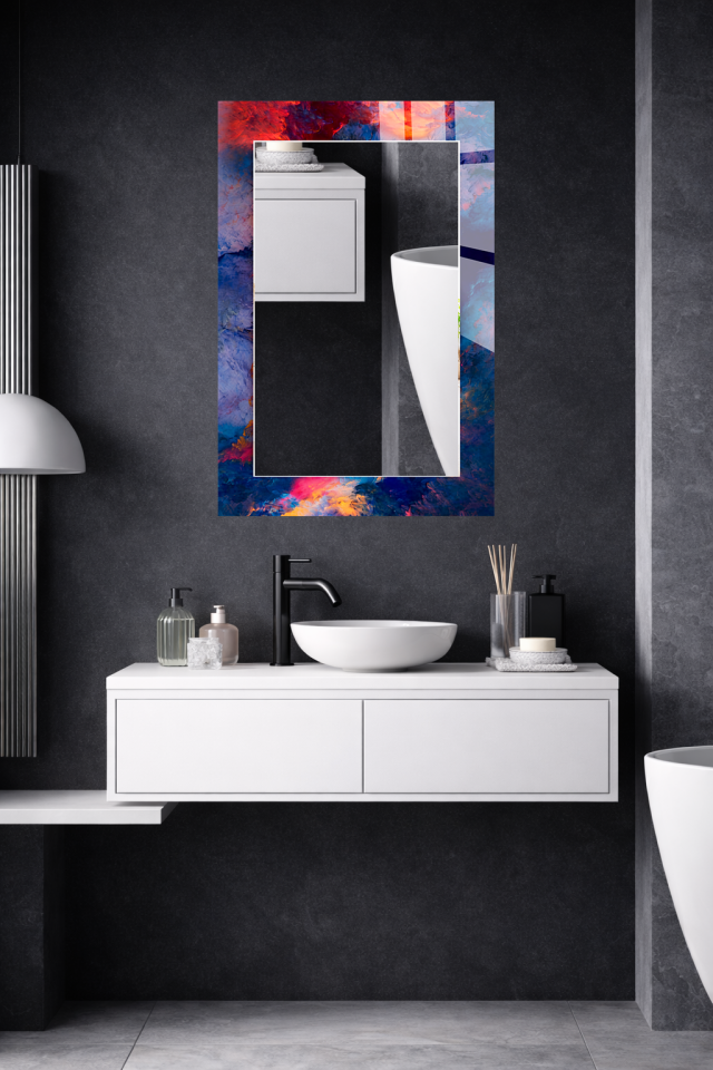 HEM TABLO HEM AYNA MOR KIRMIZI SOYUT AKIŞKAN SANAT CAM DUVAR AYNASI EV DEKORU