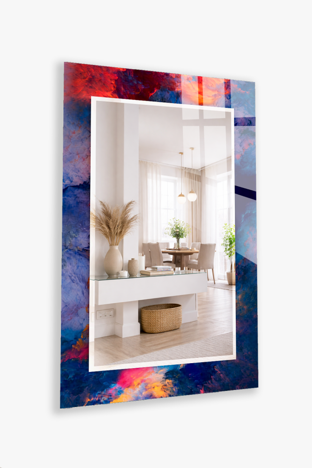 HEM TABLO HEM AYNA MOR KIRMIZI SOYUT AKIŞKAN SANAT CAM DUVAR AYNASI EV DEKORU