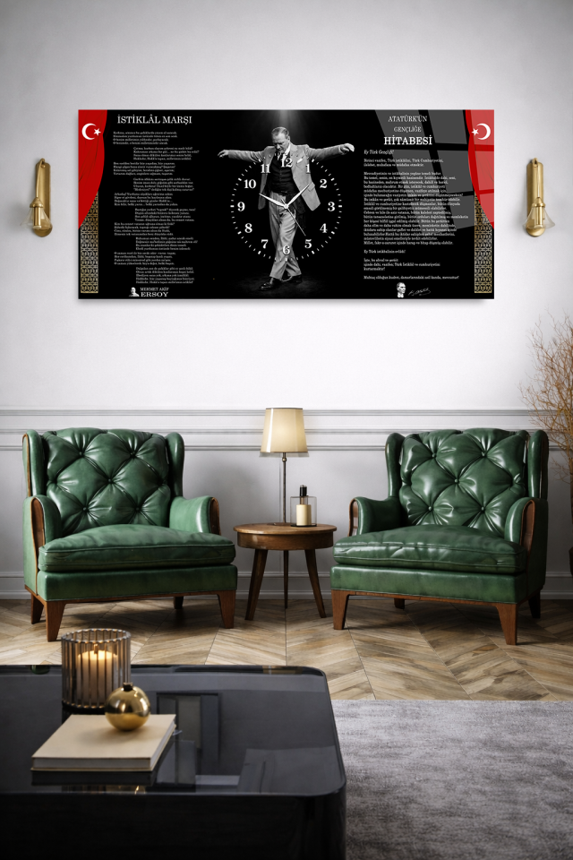 KIRILMAZ CAM DUVAR SAATİ, HEM TABLO HEM SAAT ATATÜRK İSTİKLAL MARŞI ÖZEL EV OFİS HEDİYESİ