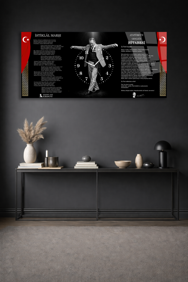 KIRILMAZ CAM DUVAR SAATİ, HEM TABLO HEM SAAT ATATÜRK İSTİKLAL MARŞI ÖZEL EV OFİS HEDİYESİ