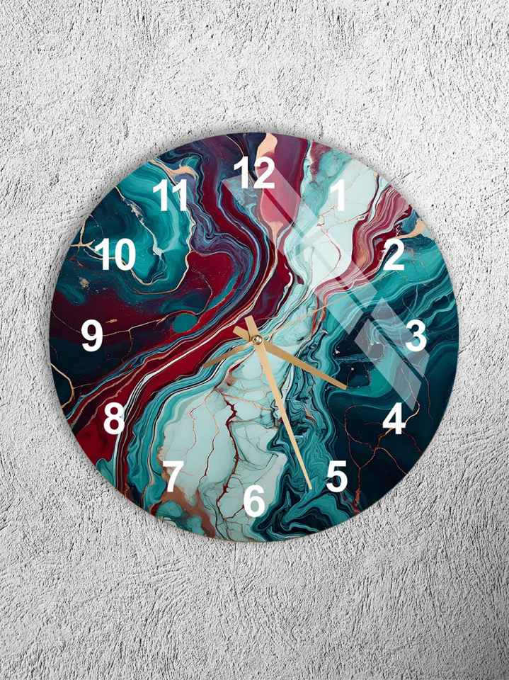 KIRILMAZ CAM DUVAR SAATİ, HEM TABLO HEM SAAT TURKUAZ SOYUT AKIŞ MERMER DESEN EV OFİS HEDİYESİ