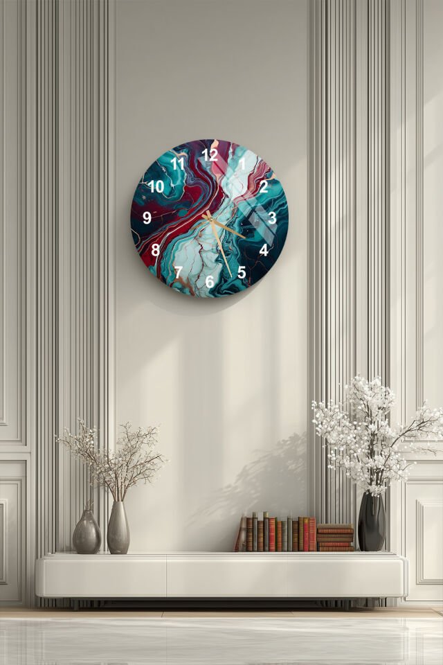 KIRILMAZ CAM DUVAR SAATİ, HEM TABLO HEM SAAT TURKUAZ SOYUT AKIŞ MERMER DESEN EV OFİS HEDİYESİ