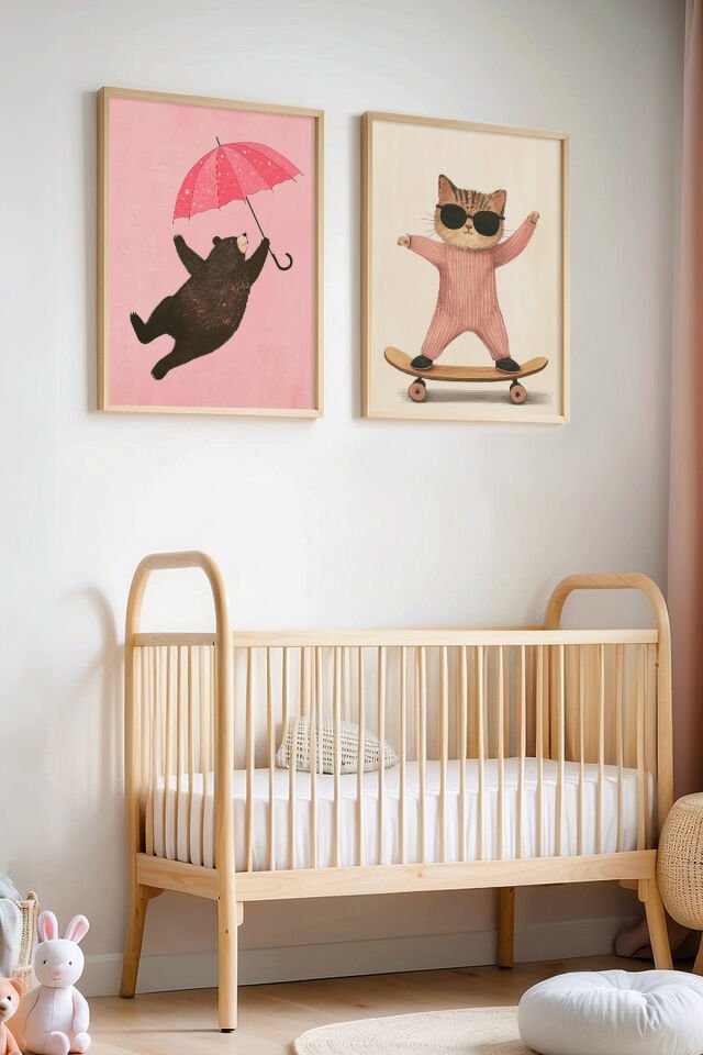 DOĞAL AHŞAP - 2'li Sevimli Ayıcık Ve Kedi Çocuk Odası Ahşap Çerçeveli Duvar Tablosu