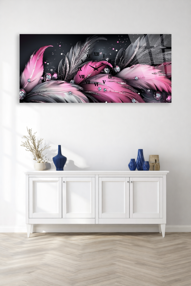 KIRILMAZ CAM DUVAR SAATİ HEM TABLO HEM SAAT PEMBE TÜYLÜ LÜKS TASARIM EV OFİS HEDİYESİ