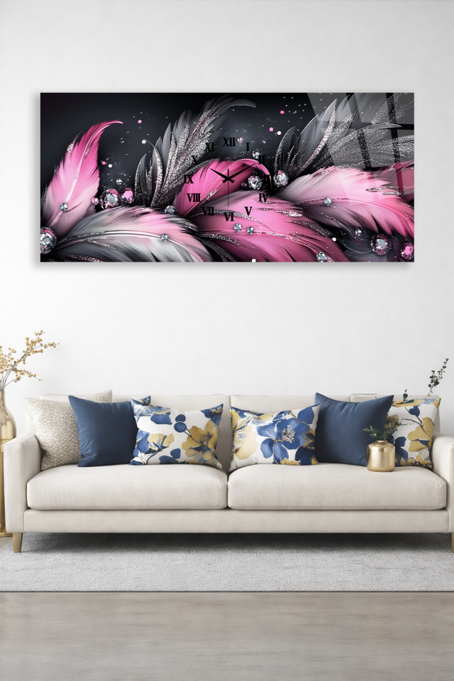 KIRILMAZ CAM DUVAR SAATİ HEM TABLO HEM SAAT PEMBE TÜYLÜ LÜKS TASARIM EV OFİS HEDİYESİ