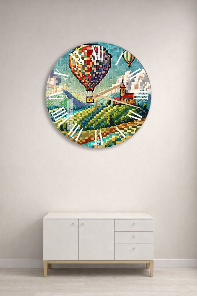 KIRILMAZ CAM DUVAR SAATİ, HEM TABLO HEM SAAT SICAK HAVA BALONU MANZARA TASARIM EV OFİS HEDİYESİ