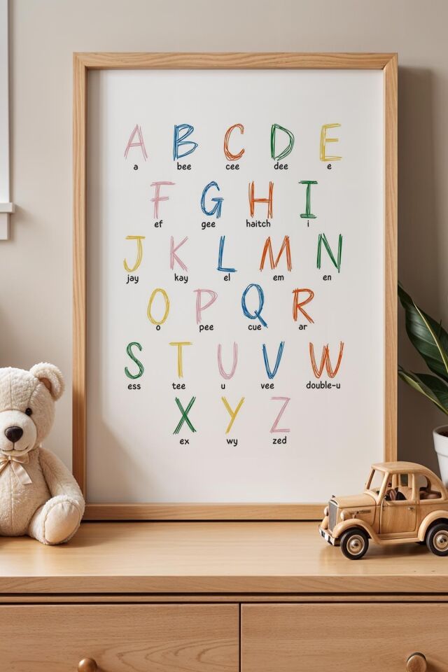 DOĞAL AHŞAP - Öğretici İngilizce Alfabe Çocuk Odası Ahşap Çerçeveli Duvar Tablosu