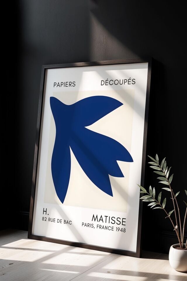 SİYAH - Botanik Serisi Lacivert Çiçekli Matisse Doğal Ahşap Çerçeveli Duvar Tablosu