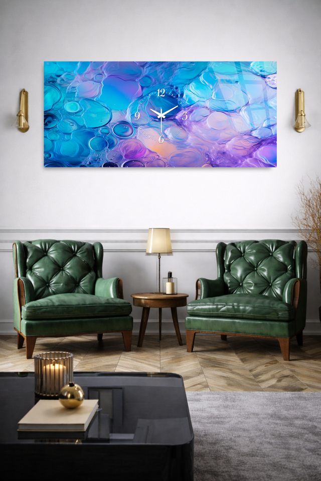 KIRILMAZ CAM DUVAR SAATİ, HEM TABLO HEM SAAT MAVİ SOYUT DALGA SANATSAL EV OFİS HEDİYESİ