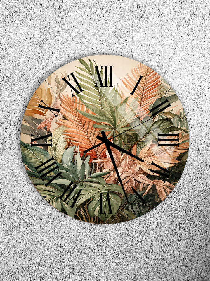 269.	KIRILMAZ CAM DUVAR SAATİ, HEM TABLO HEM SAAT YEŞİL TURUNCU BOTANİK YAPRAK DESENİ EV OFİS HEDİYESİ