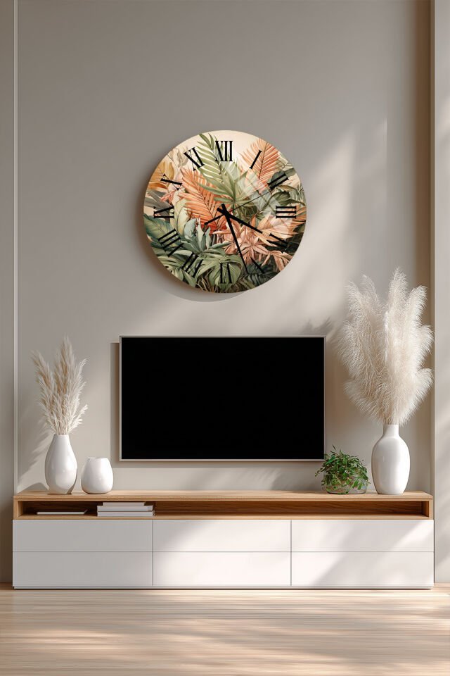 269.	KIRILMAZ CAM DUVAR SAATİ, HEM TABLO HEM SAAT YEŞİL TURUNCU BOTANİK YAPRAK DESENİ EV OFİS HEDİYESİ