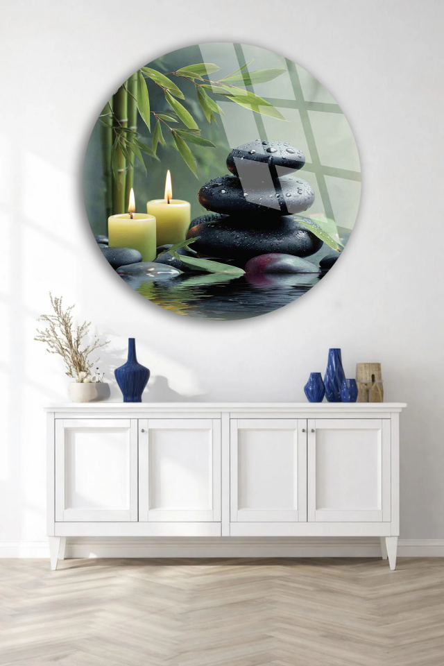 KIRILMAZ CAM TABLO , MODERN DUVAR DEKORASYONU ZEN TAŞ MUM SPA EV OFİS HEDİYESİ