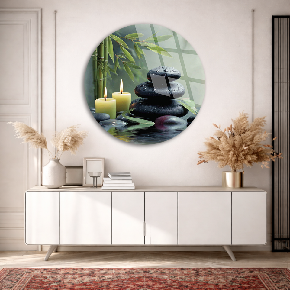 KIRILMAZ CAM TABLO , MODERN DUVAR DEKORASYONU ZEN TAŞ MUM SPA EV OFİS HEDİYESİ