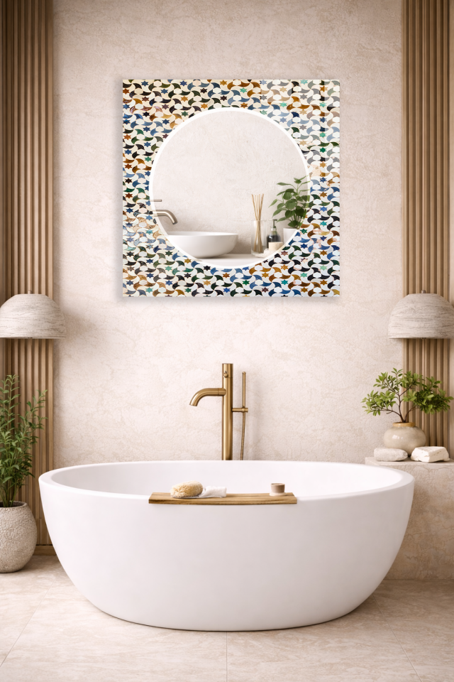 HEM TABLO HEM AYNA RENKLİ MOZAİK YILDIZ DESEN CAM DUVAR AYNASI EV DEKORU
