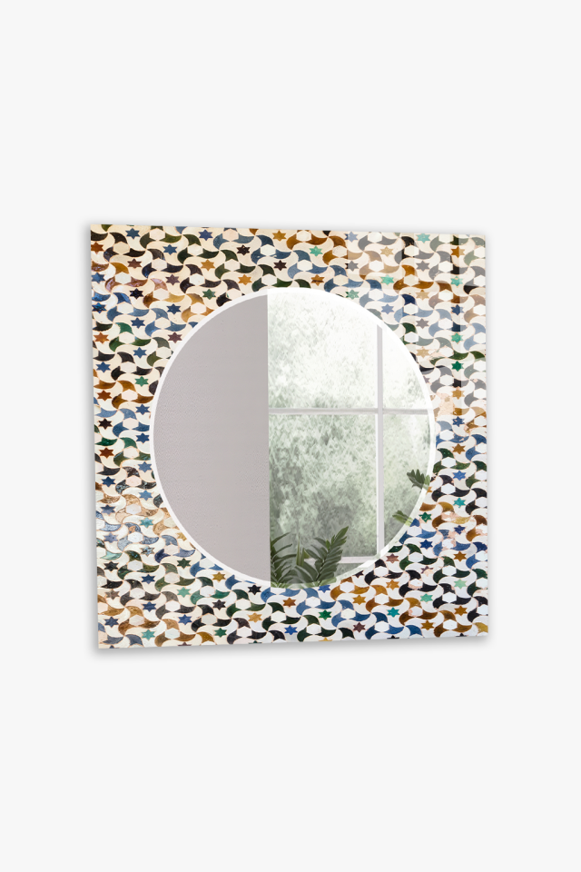 HEM TABLO HEM AYNA RENKLİ MOZAİK YILDIZ DESEN CAM DUVAR AYNASI EV DEKORU