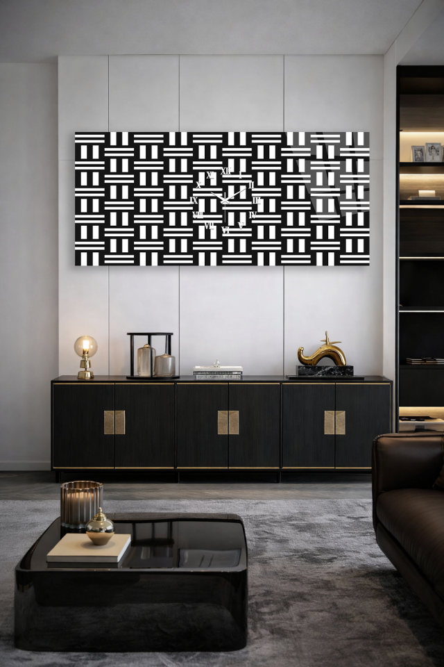 KIRILMAZ CAM DUVAR SAATİ HEM TABLO HEM SAAT SİYAH BEYAZ GEOMETRİK EV OFİS HEDİYESİ