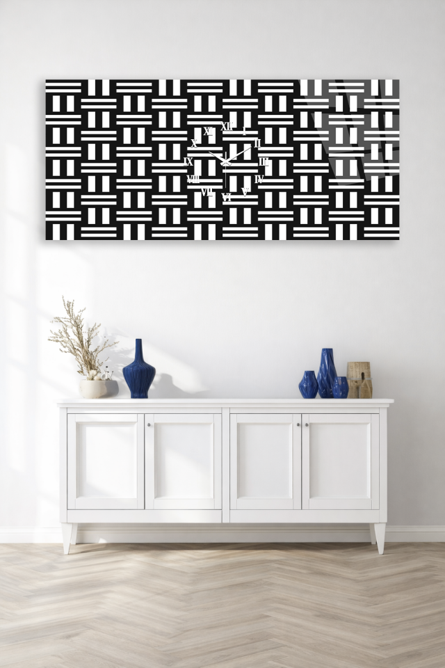 KIRILMAZ CAM DUVAR SAATİ HEM TABLO HEM SAAT SİYAH BEYAZ GEOMETRİK EV OFİS HEDİYESİ