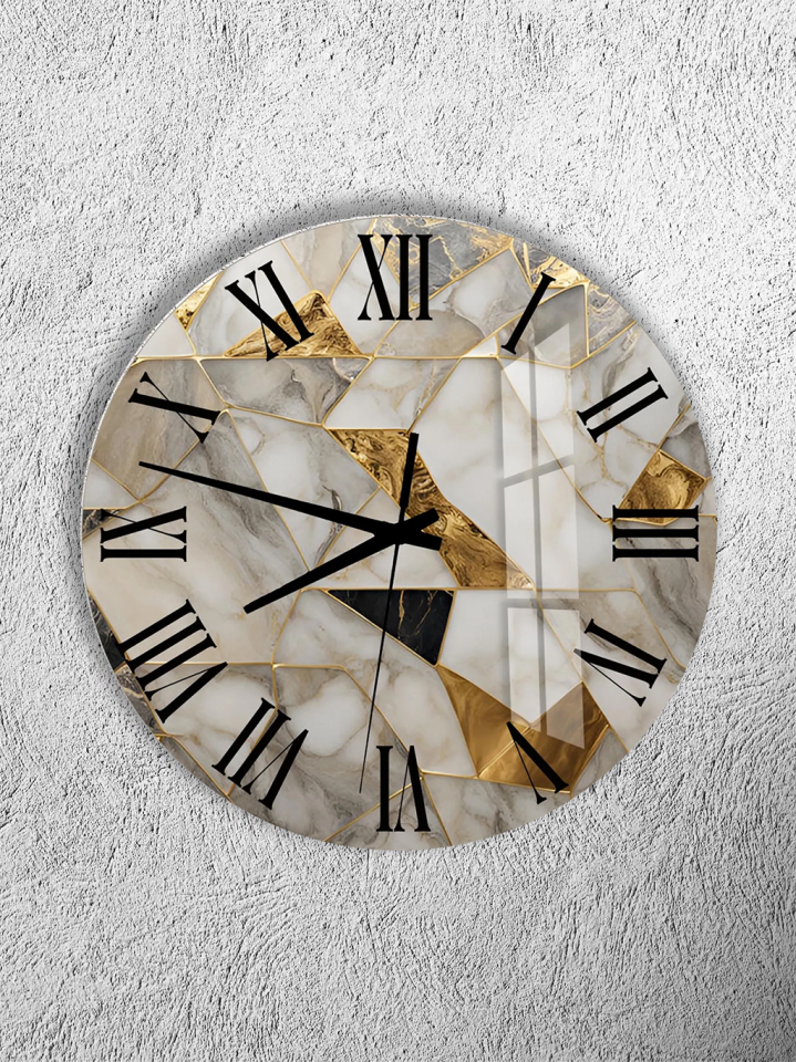 KIRILMAZ CAM DUVAR SAATİ, HEM TABLO HEM SAAT BEYAZ MERMER ALTIN GEOMETRİK TASARIM EV OFİS HEDİYESİ