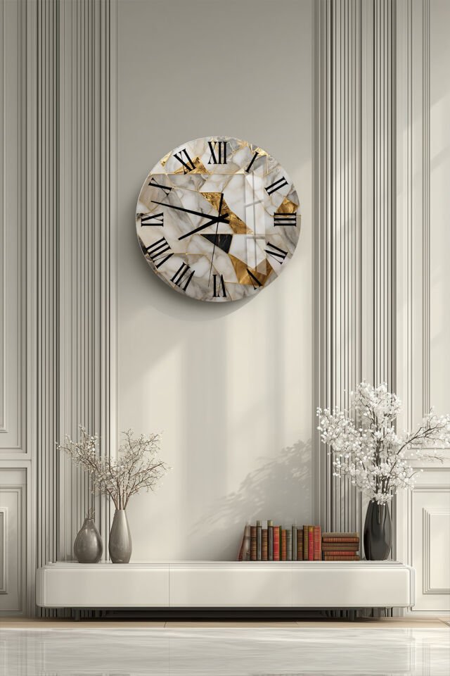 KIRILMAZ CAM DUVAR SAATİ, HEM TABLO HEM SAAT BEYAZ MERMER ALTIN GEOMETRİK TASARIM EV OFİS HEDİYESİ