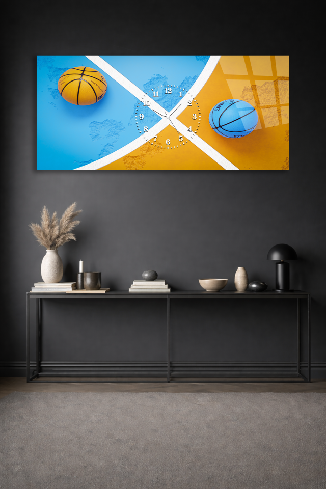 KIRILMAZ CAM DUVAR SAATİ , HEM TABLO HEM SAAT BASKETBOL TEMALI MODERN TASARIM EV OFİS HEDİYESİ