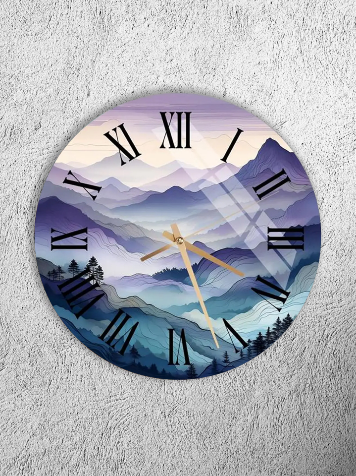 KIRILMAZ CAM DUVAR SAATİ, HEM TABLO HEM SAAT MOR TONLARDA DAĞ MANZARALI ROMEN RAKAMLI EV OFİS HEDİYESİ