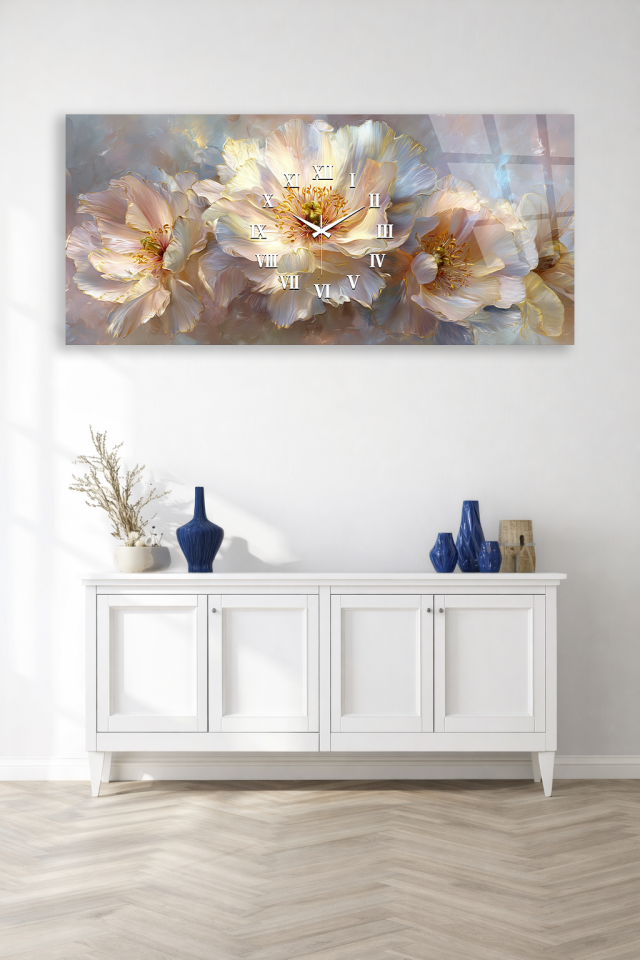 KIRILMAZ CAM DUVAR SAATİ HEM TABLO HEM SAAT ÇİÇEKLİ LÜKS TASARIM EV OFİS HEDİYESİ