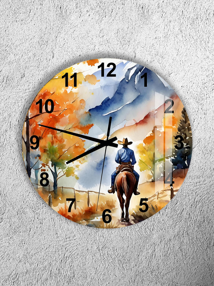 KIRILMAZ CAM DUVAR SAATİ, HEM TABLO HEM SAAT SONBAHAR ATLI MANZARA SANATSAL TASARIM EV OFİS HEDİYESİ