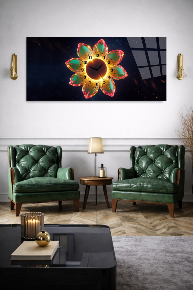 KIRILMAZ CAM DUVAR SAATİ , HEM TABLO HEM SAAT RENKLİ ÇİÇEK SANATSAL TASARIM EV OFİS HEDİYESİ