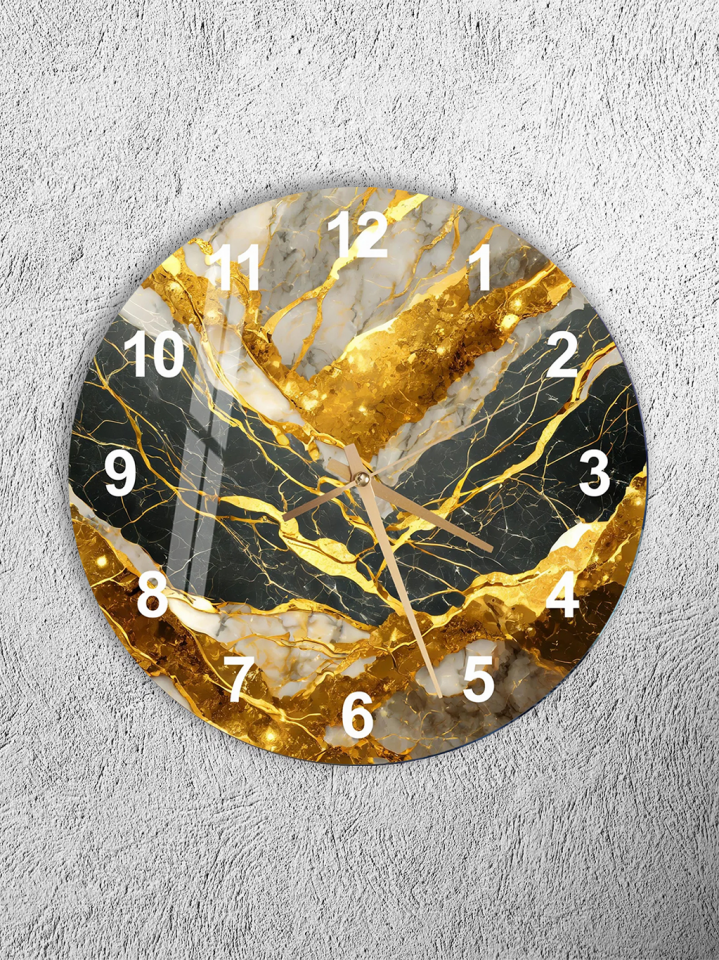 KIRILMAZ CAM DUVAR SAATİ, HEM TABLO HEM SAAT MERMER DESEN ALTIN DAMARLI LÜKS TASARIM EV OFİS HEDİYESİ