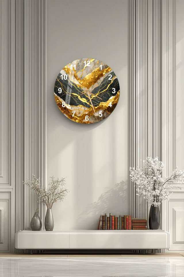 KIRILMAZ CAM DUVAR SAATİ, HEM TABLO HEM SAAT MERMER DESEN ALTIN DAMARLI LÜKS TASARIM EV OFİS HEDİYESİ