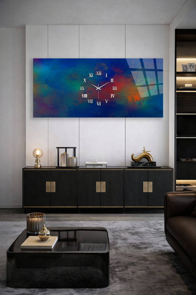 KIRILMAZ CAM DUVAR SAATİ HEM TABLO HEM SAAT SOYUT RENKLİ TASARIM EV OFİS HEDİYESİ