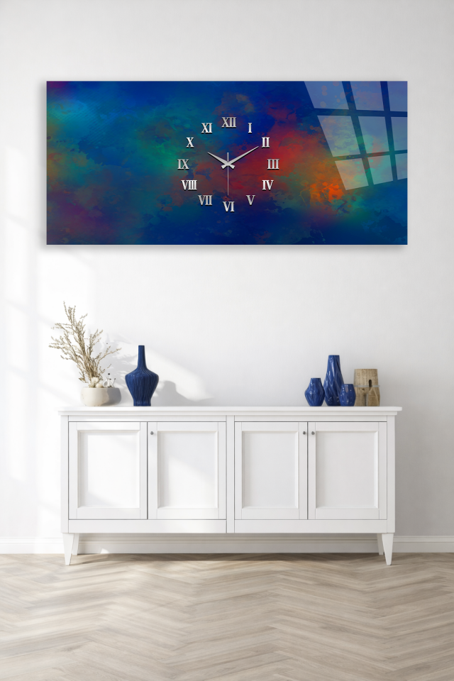 KIRILMAZ CAM DUVAR SAATİ HEM TABLO HEM SAAT SOYUT RENKLİ TASARIM EV OFİS HEDİYESİ