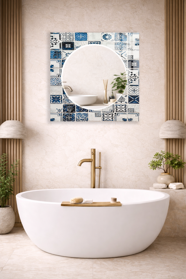 HEM TABLO HEM AYNA MAVİ BEYAZ PATCHWORK ÇİNİ DESEN CAM DUVAR AYNASI EV DEKORU