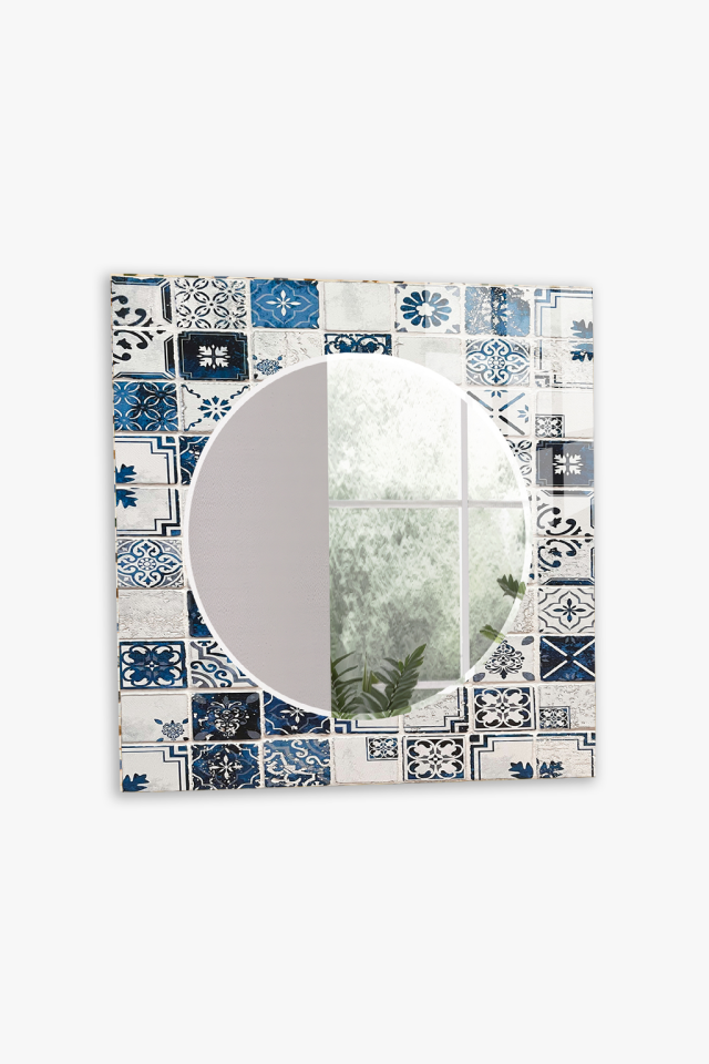 HEM TABLO HEM AYNA MAVİ BEYAZ PATCHWORK ÇİNİ DESEN CAM DUVAR AYNASI EV DEKORU