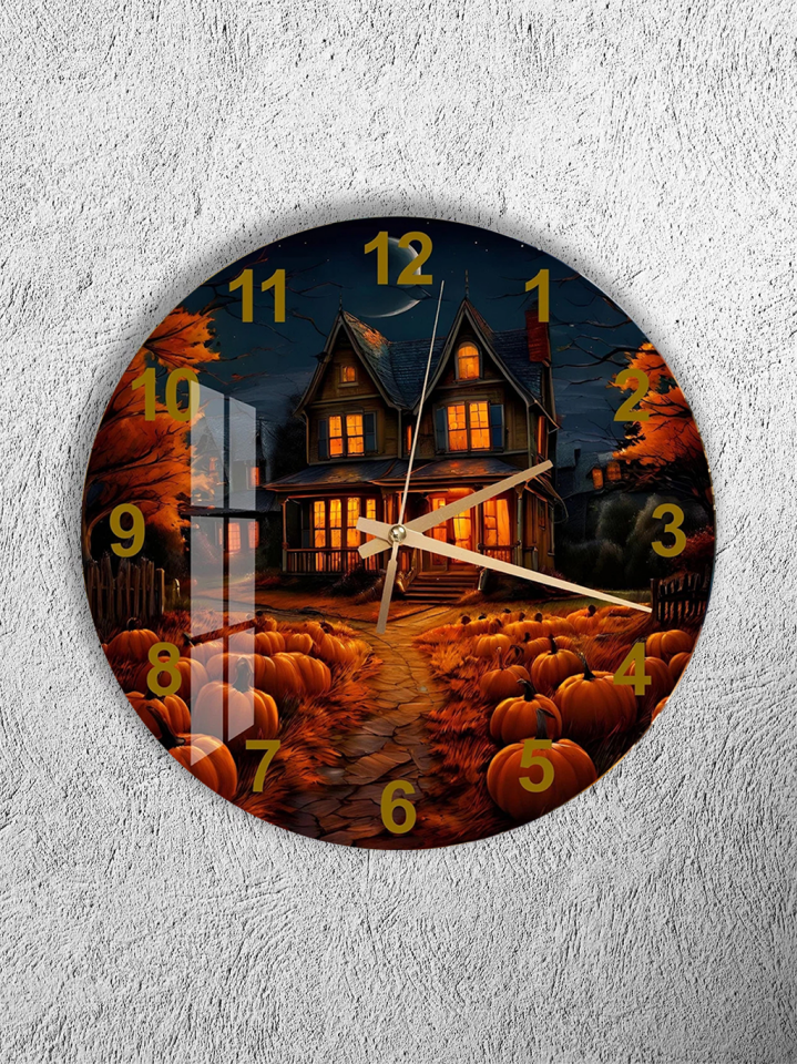 KIRILMAZ CAM DUVAR SAATİ, HEM TABLO HEM SAAT KORKU EVİ BALKABAĞI GECE TEMASI EV OFİS HEDİYESİ