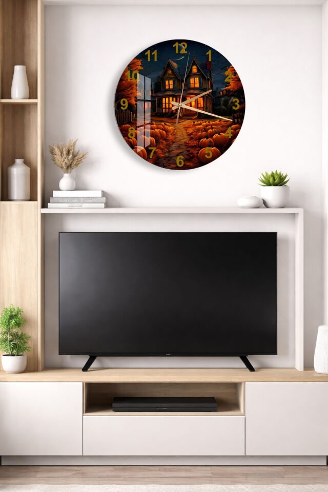 KIRILMAZ CAM DUVAR SAATİ, HEM TABLO HEM SAAT KORKU EVİ BALKABAĞI GECE TEMASI EV OFİS HEDİYESİ