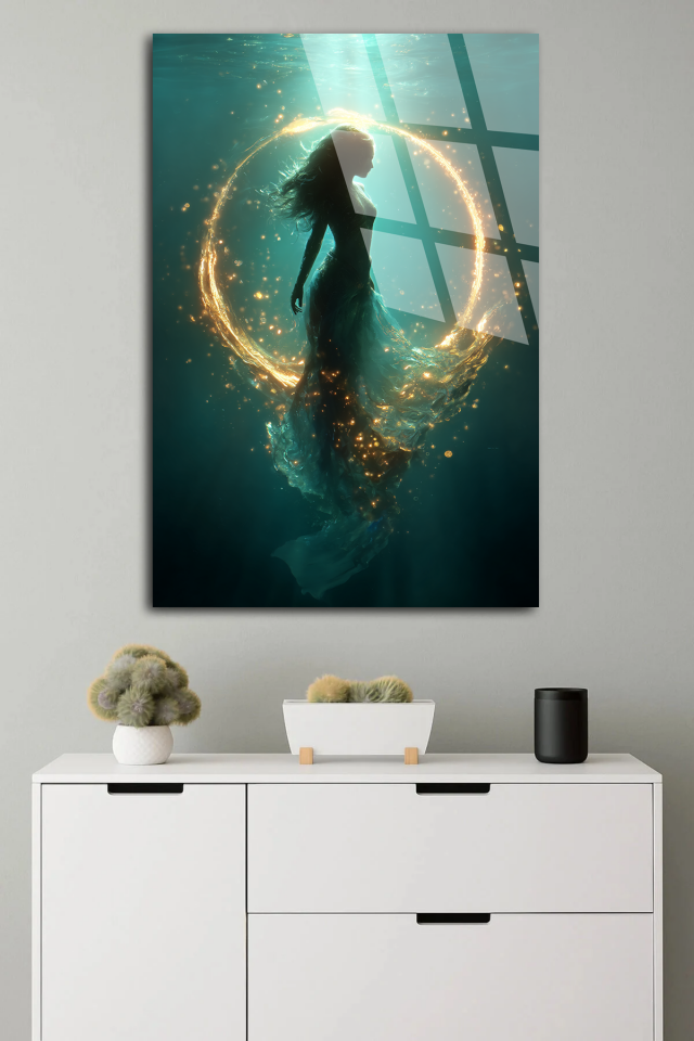 KIRILMAZ CAM TABLO , MODERN DUVAR DEKORASYONU IŞIK HALKALI KADIN SİLÜET EV OFİS HEDİYESİ