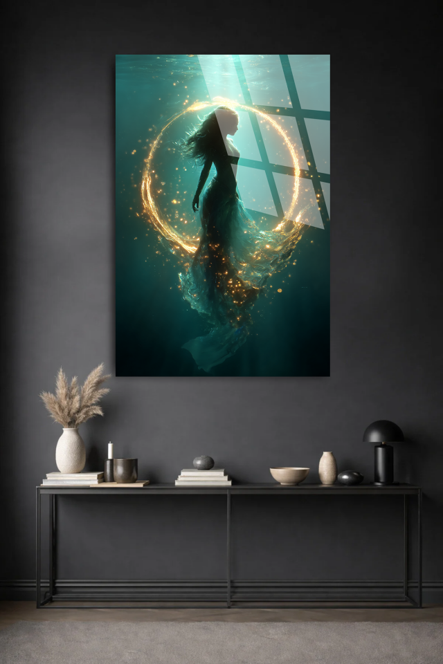 KIRILMAZ CAM TABLO , MODERN DUVAR DEKORASYONU IŞIK HALKALI KADIN SİLÜET EV OFİS HEDİYESİ