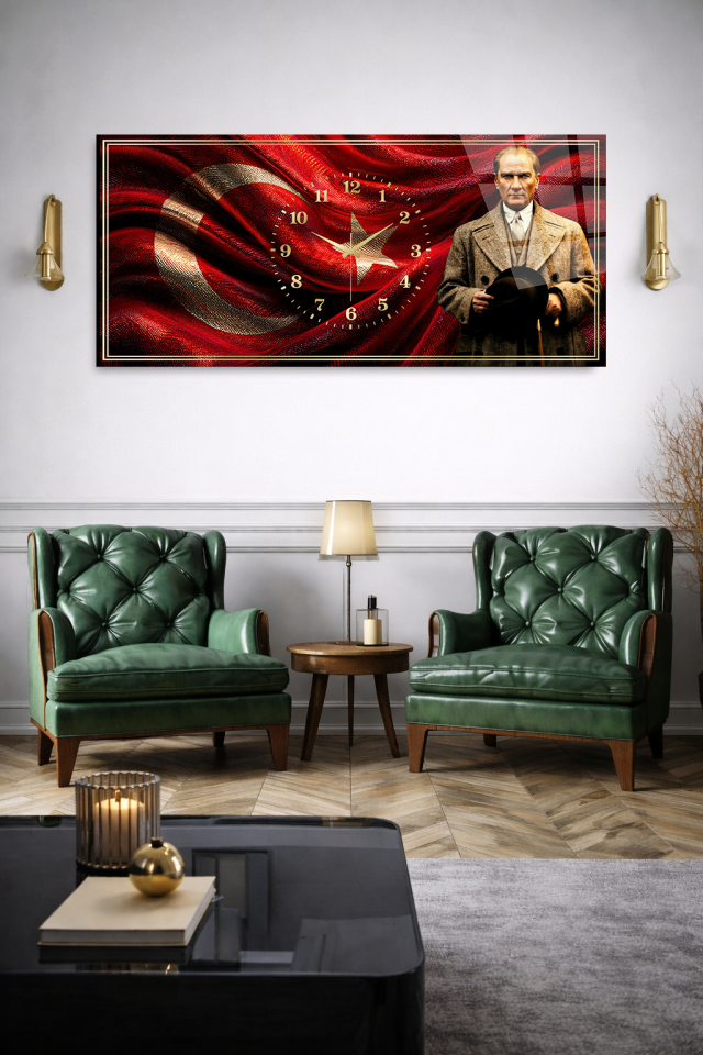 KIRILMAZ CAM DUVAR SAATİ , HEM TABLO HEM SAAT ATATÜRK VE TÜRK BAYRAĞI TASARIM EV OFİS HEDİYESİ