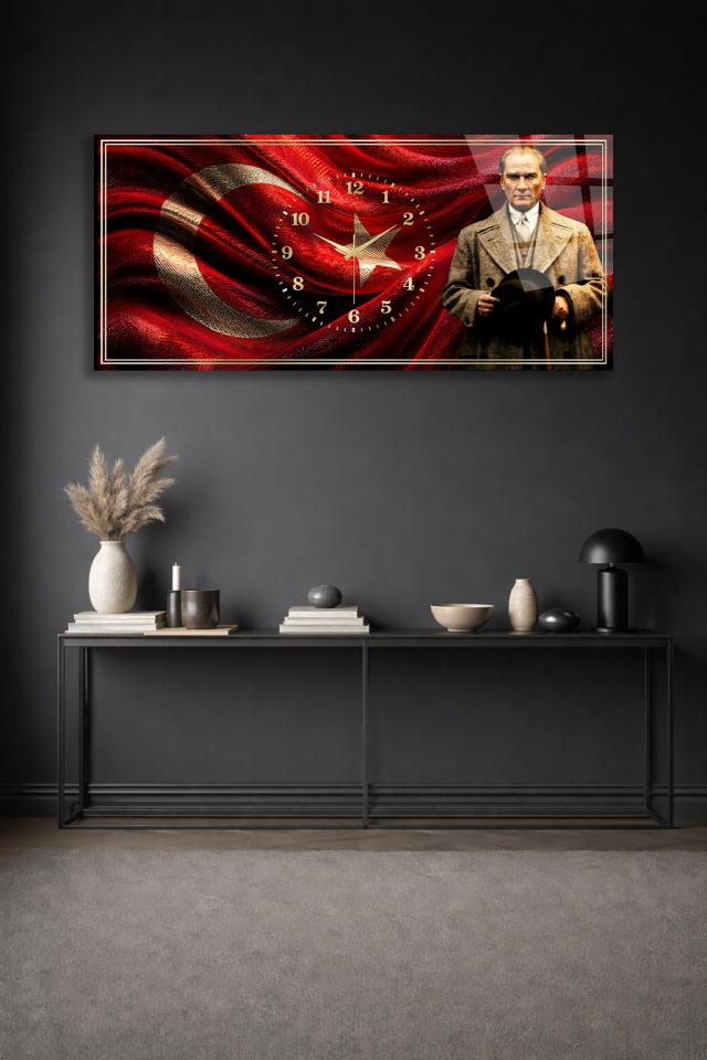 KIRILMAZ CAM DUVAR SAATİ , HEM TABLO HEM SAAT ATATÜRK VE TÜRK BAYRAĞI TASARIM EV OFİS HEDİYESİ