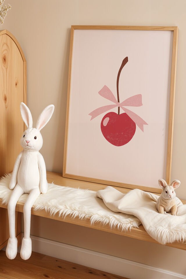 DOĞAL AHŞAP - Fiyonklu Kiraz Çocuk Odası Ahşap Çerçeveli Duvar Tablosu