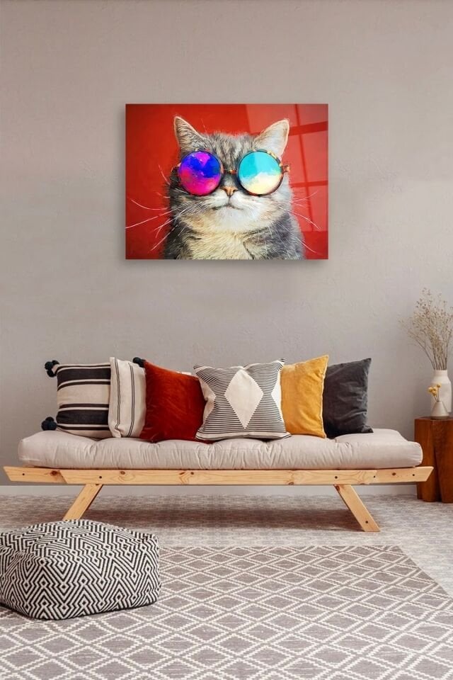 Renkli Gözlüklü Kedi Cam Tablo Renkli