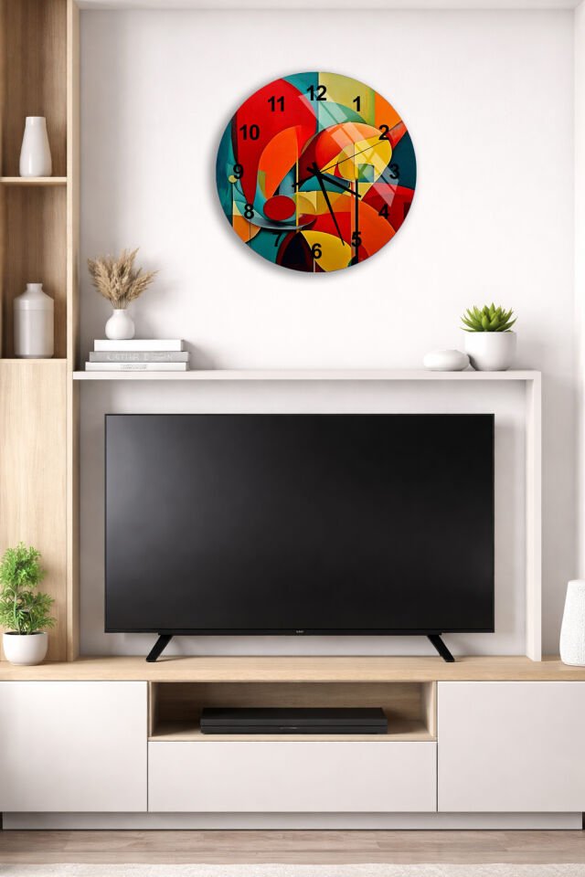 KIRILMAZ CAM DUVAR SAATİ, HEM TABLO HEM SAAT SOYUT GEOMETRİK RENKLİ MODERN SANAT EV OFİS HEDİYESİ