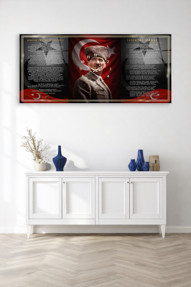 KIRILMAZ CAM DUVAR SAATİ , HEM TABLO HEM SAAT ATATÜRK VE İSTİKLAL MARŞI ÖZEL TASARIM EV OFİS HEDİYES
