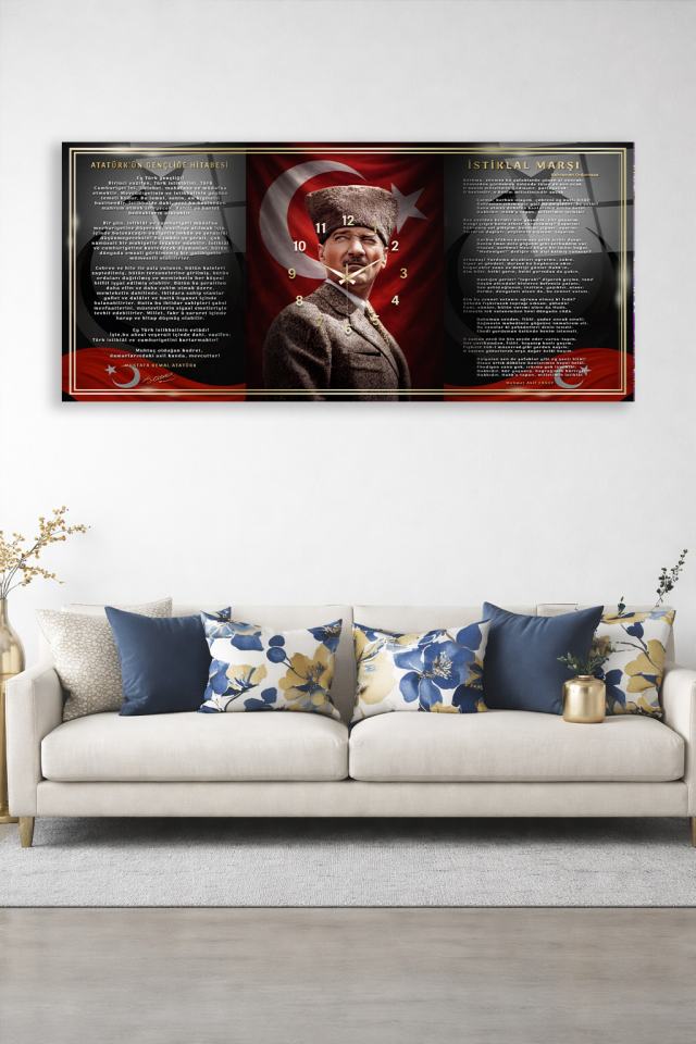 KIRILMAZ CAM DUVAR SAATİ , HEM TABLO HEM SAAT ATATÜRK VE İSTİKLAL MARŞI ÖZEL TASARIM EV OFİS HEDİYES