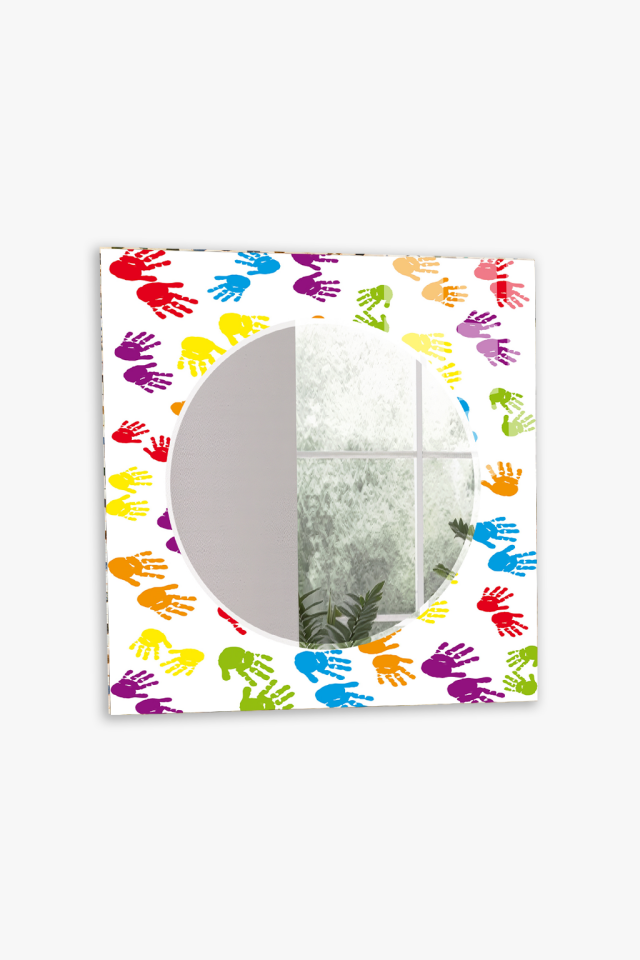HEM TABLO HEM AYNA ÇOCUK EL İZLERİ RENKLİ DESEN CAM DUVAR AYNASI EV DEKORU