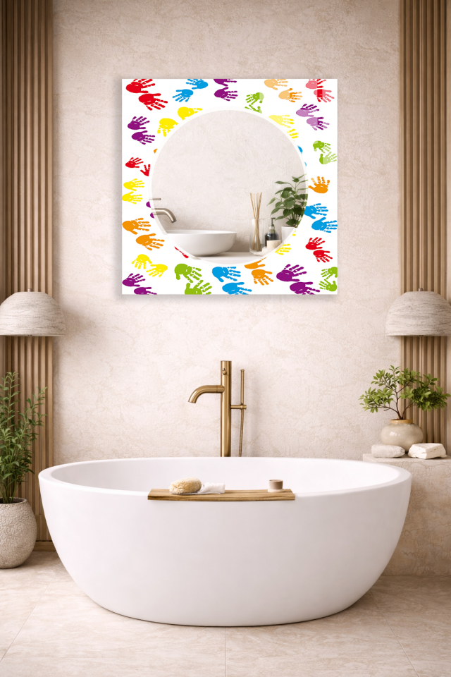 HEM TABLO HEM AYNA ÇOCUK EL İZLERİ RENKLİ DESEN CAM DUVAR AYNASI EV DEKORU