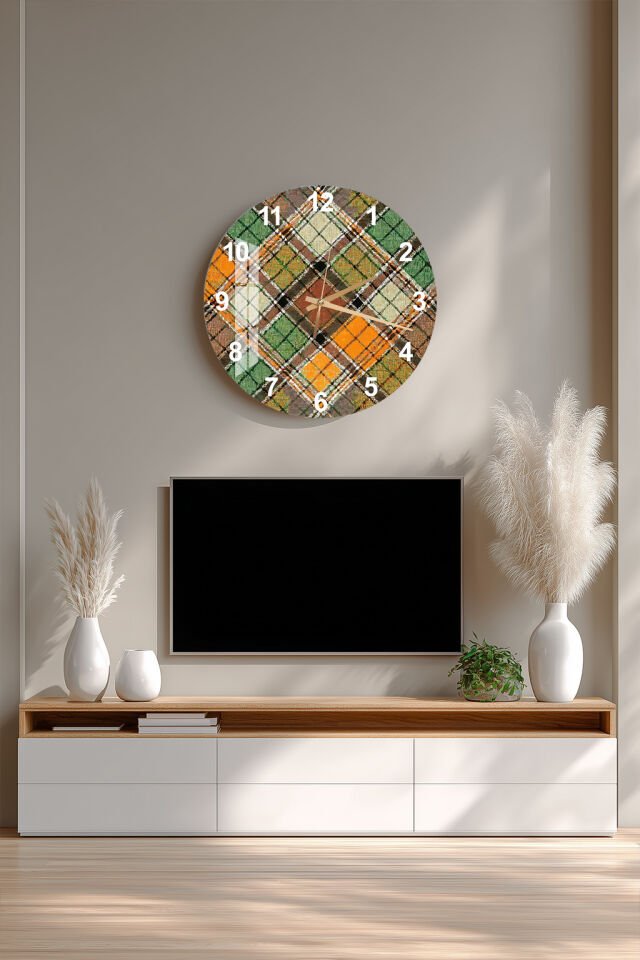 KIRILMAZ CAM DUVAR SAATİ, HEM TABLO HEM SAAT EKOSE DESEN MODERN TASARIM EV OFİS HEDİYESİ