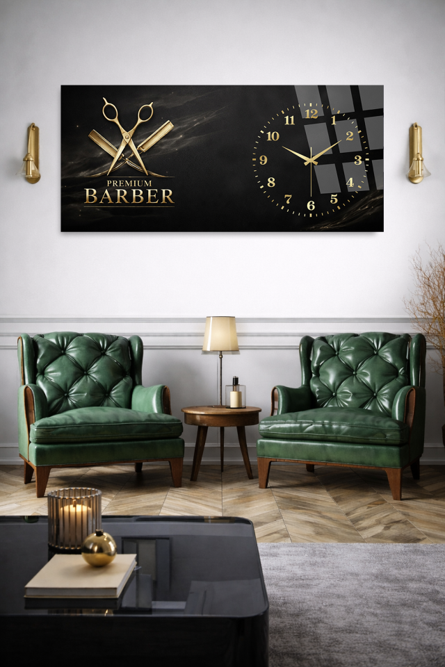 KIRILMAZ CAM DUVAR SAATİ , HEM TABLO HEM SAAT PREMIUM BARBER GOLD SİYAH TASARIM EV OFİS HEDİYESİ